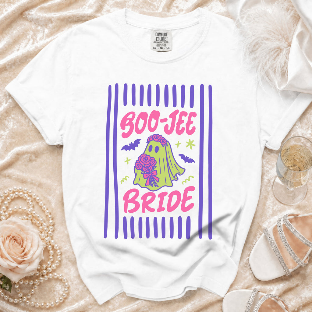 White t-shirt with "BOO-JEE BRIDE" text and ghost graphic.