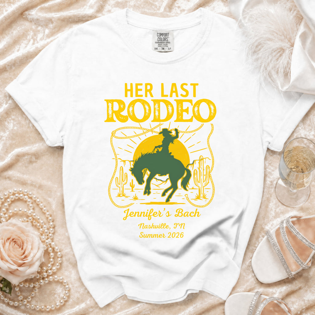 White t-shirt with "Her Last Rodeo" and bachelorette details.