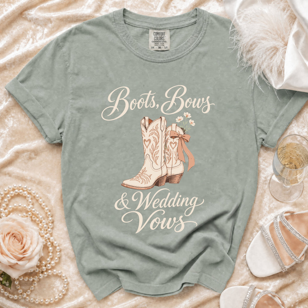 Green t-shirt with "Boots, Bows & Wedding Vows" and cowboy boot graphic.
