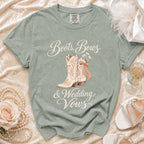 Green t-shirt with "Boots, Bows & Wedding Vows" and cowboy boot graphic.
