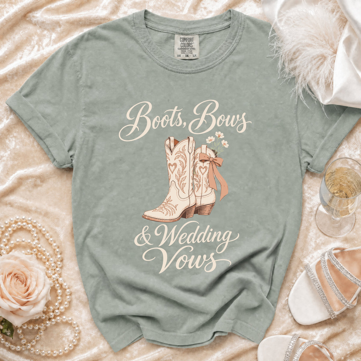 Green t-shirt with "Boots, Bows & Wedding Vows" and cowboy boot graphic.
