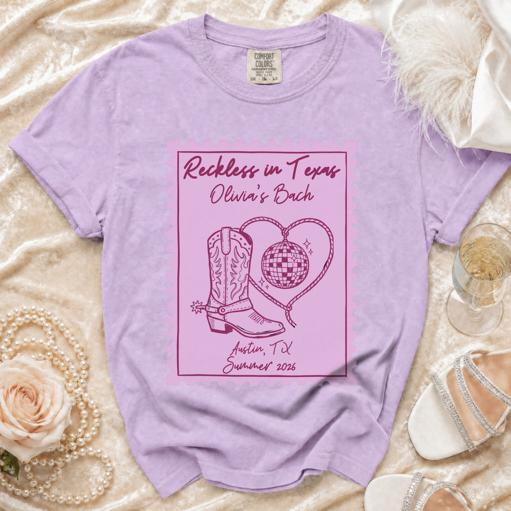 T-shirt with "Reckless in Texas" and Austin, TX Summer 2026 design.