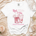 White t-shirt with "Red, White & I Do Bride Willow's Bachelorette" text and graphics.