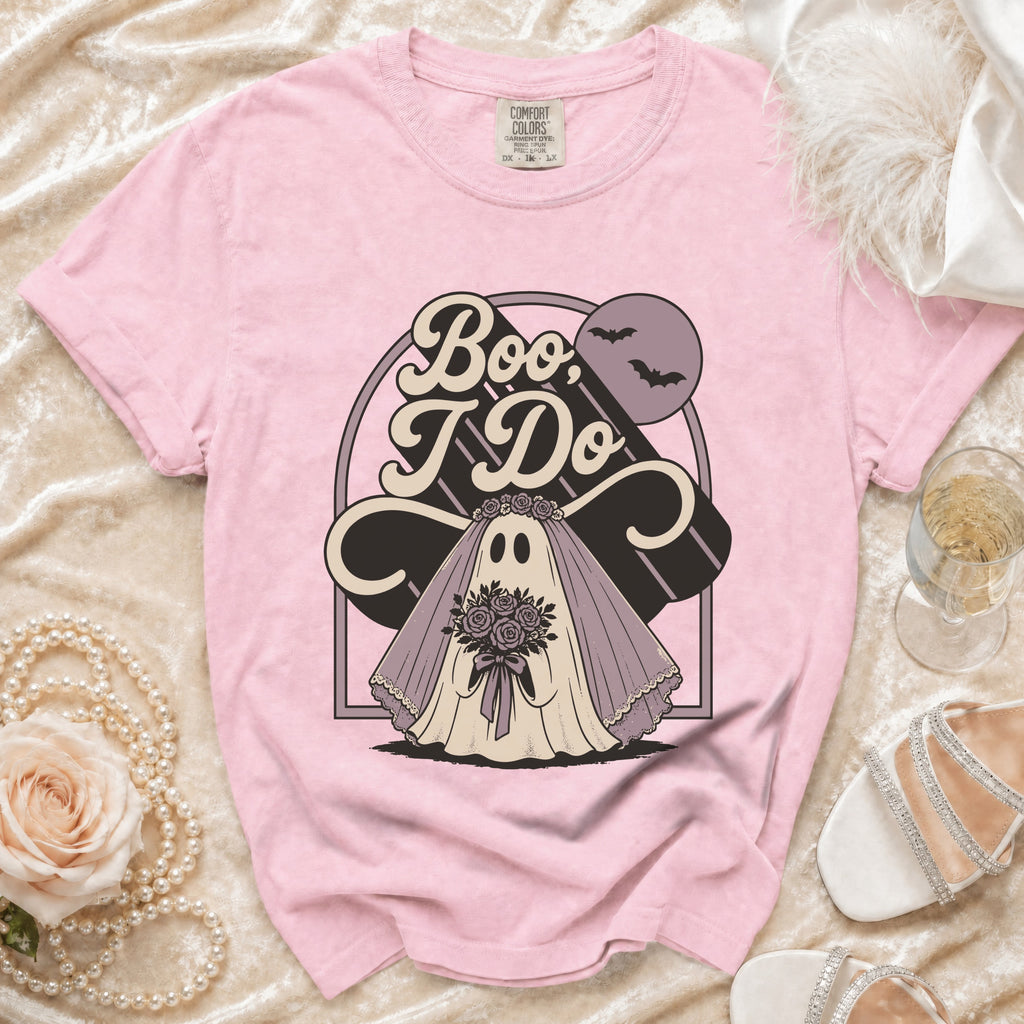 Pink t-shirt with "Boo, I Do" ghost bride graphic and bats.