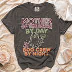Dark gray t-shirt with "Mother of the Bride by Day & Boo Crew by Night" text.