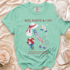 Red, white, and I Do Bride bachelorette t-shirt with fireworks and champagne.