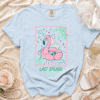 Light blue t-shirt with pink flamingo float and "LAST SPLASH" text.