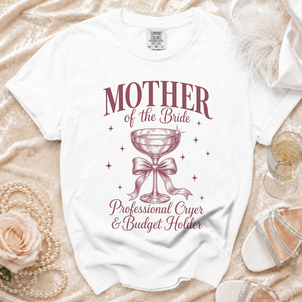 White t-shirt with "Mother of the Bride" and other text, plus a goblet graphic.