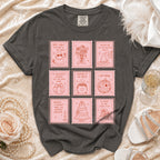 Dark grey t-shirt with "stamp" graphics about bridal parties and weddings.