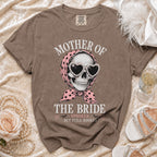 T-shirt with skull wearing heart sunglasses and scarf, reading "Mother of the Bride, Spooked But Still Booked".