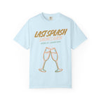 Light blue t-shirt with "Last Splash Sarah's Bach Malibu CA-Summer 2026" and champagne glasses.
