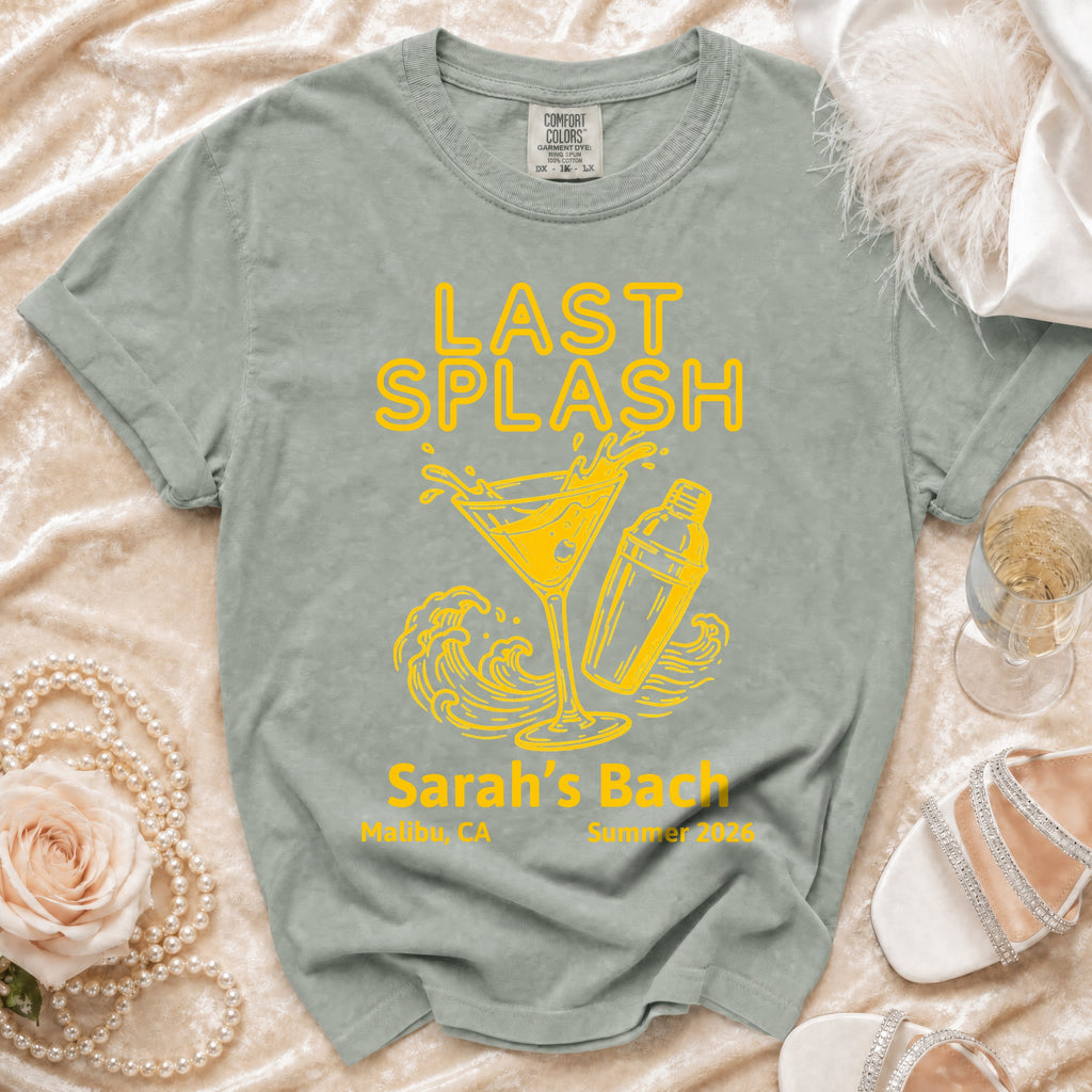 Yellow "Last Splash Sarah's Bach" graphic on a gray t-shirt with waves and cocktail shaker.