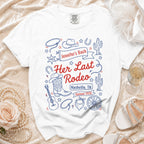 White t-shirt with "Jennifer's Bach Her Last Rodeo Nashville, TN Summer 2026" graphic.