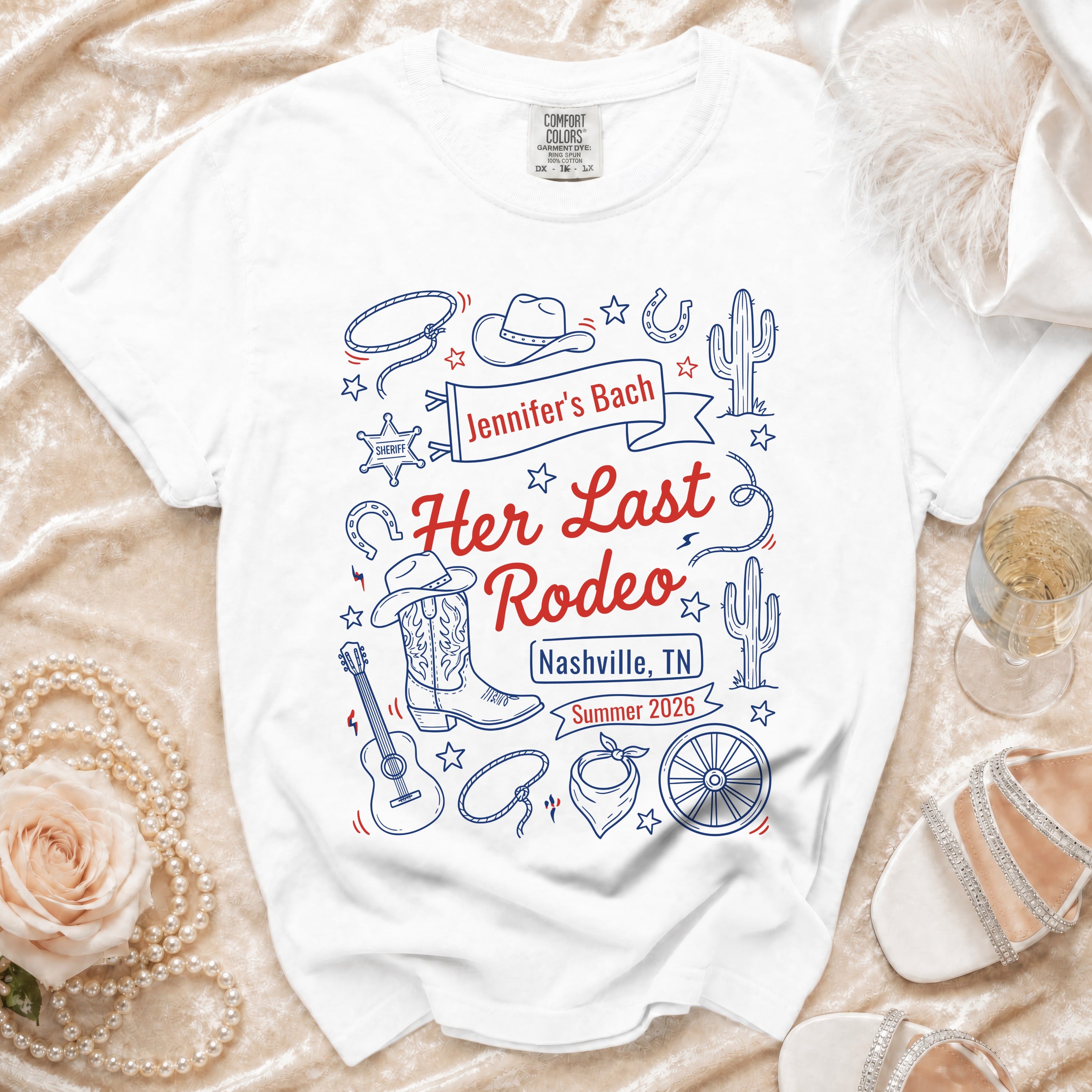 White t-shirt with "Jennifer's Bach Her Last Rodeo Nashville, TN Summer 2026" graphic.
