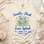 Beach-themed t-shirt for "Sarah's Bach Last Splash Malibu Summer 2026".
