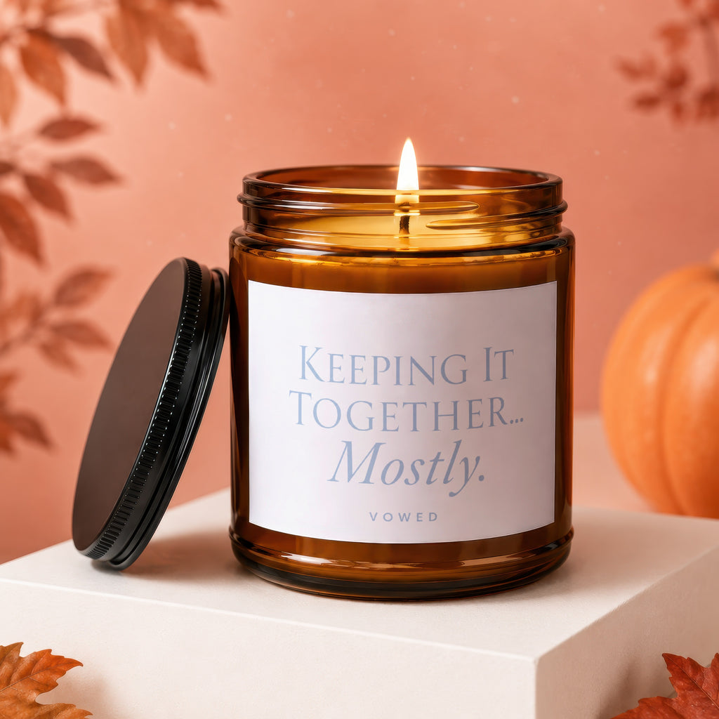 Glass candle with lit flame, black lid, and white label that reads "Keeping It Together... Mostly. VOWED".