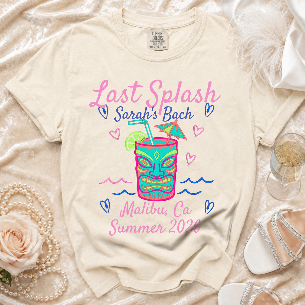 "Last Splash Sarah's Bach Malibu, Ca Summer 2023" graphic on a cream t-shirt.