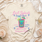 "Last Splash Sarah's Bach Malibu, Ca Summer 2023" graphic on a cream t-shirt.