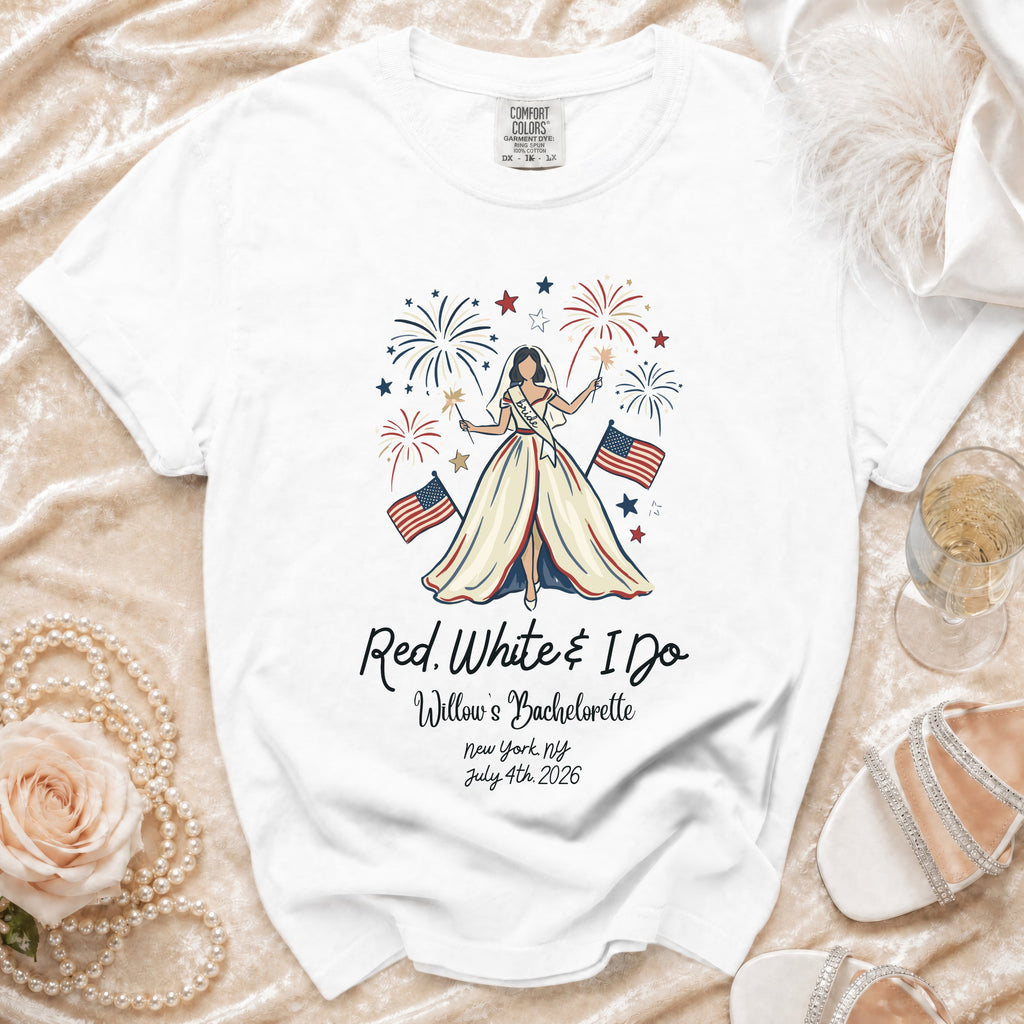 "Red, White & I Do" bachelorette t-shirt with bride holding flags.