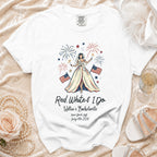 "Red, White & I Do" bachelorette t-shirt with bride holding flags.