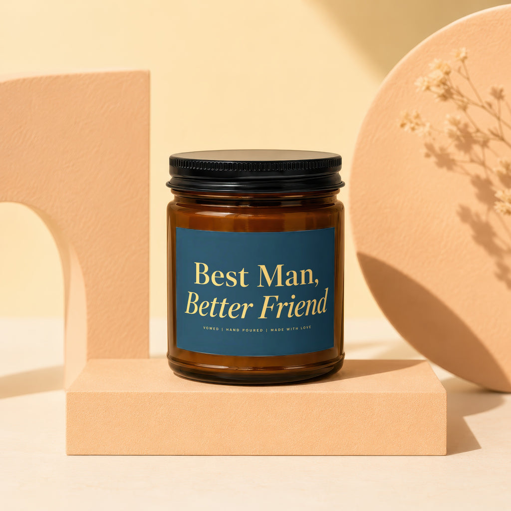 Amber jar candle with dark blue label reading "Best Man, Better Friend".