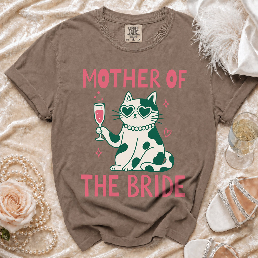Brown t-shirt with "Mother of the Bride" text and a cat holding champagne.