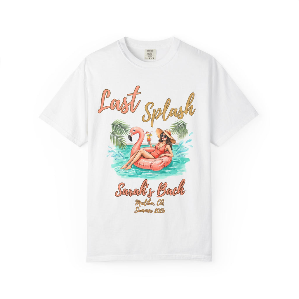 White t-shirt with "Last Splash" and flamingo float graphic.