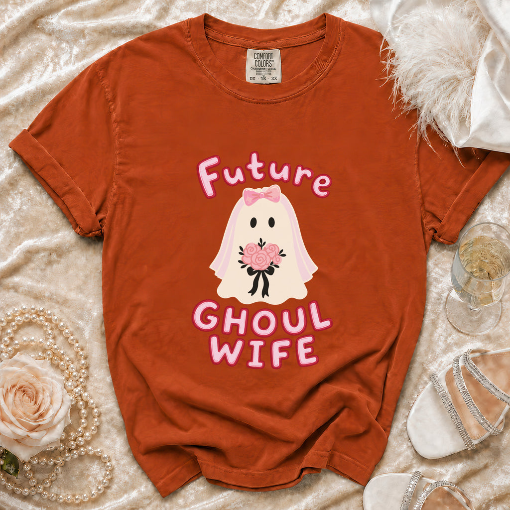 Orange t-shirt with "Future Ghoul Wife" text and a ghost bride graphic.