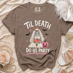 T-shirt with skeleton bride, bats, pink pumpkin, and text "Til Death Do Us Party".