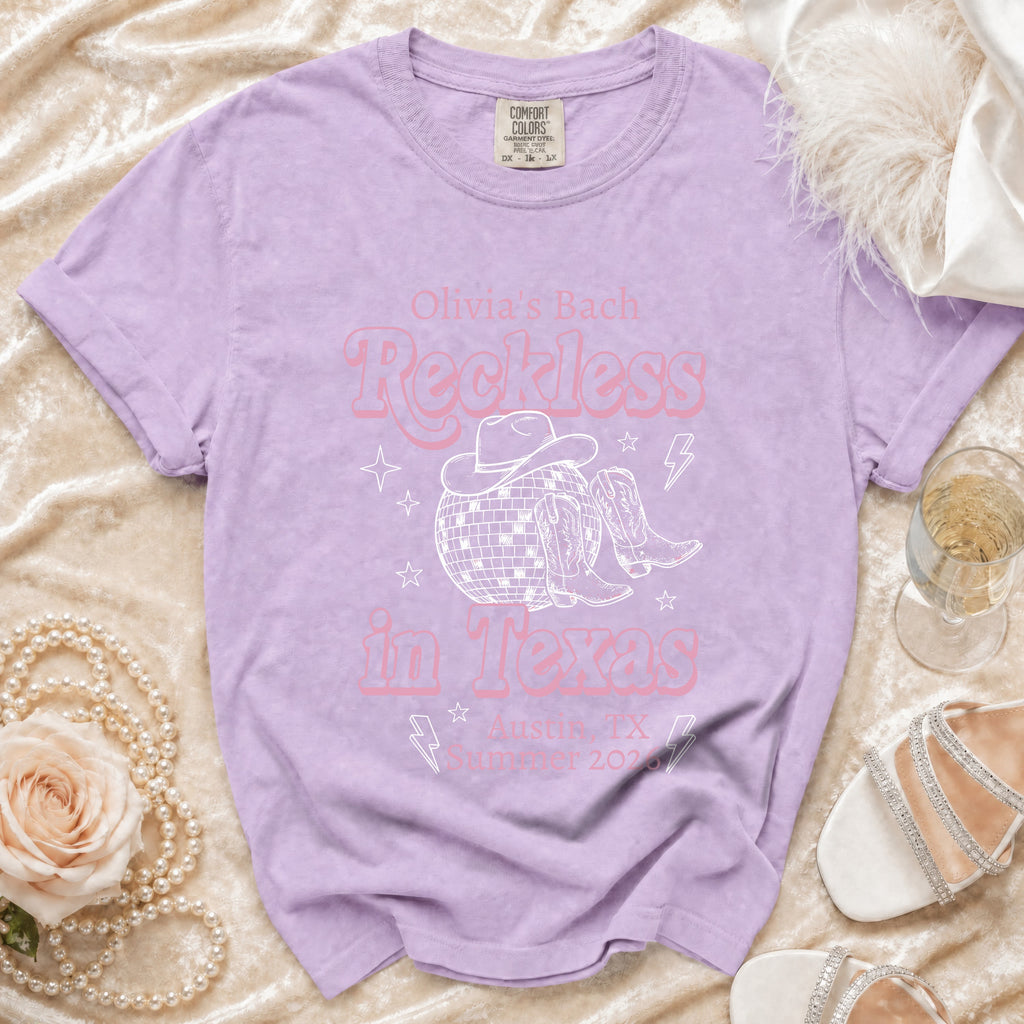 Lavender t-shirt with "Olivia's Bach Reckless in Texas Austin TX Summer 2020" design.