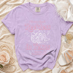 Lavender t-shirt with "Olivia's Bach Reckless in Texas Austin TX Summer 2020" design.