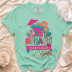 Mint green t-shirt with "Last Splash Sarah's Bach Malibu CA Summer 2026" design.