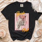 Black t-shirt graphic with skeleton hand holding a champagne glass, "Bride Club" text.