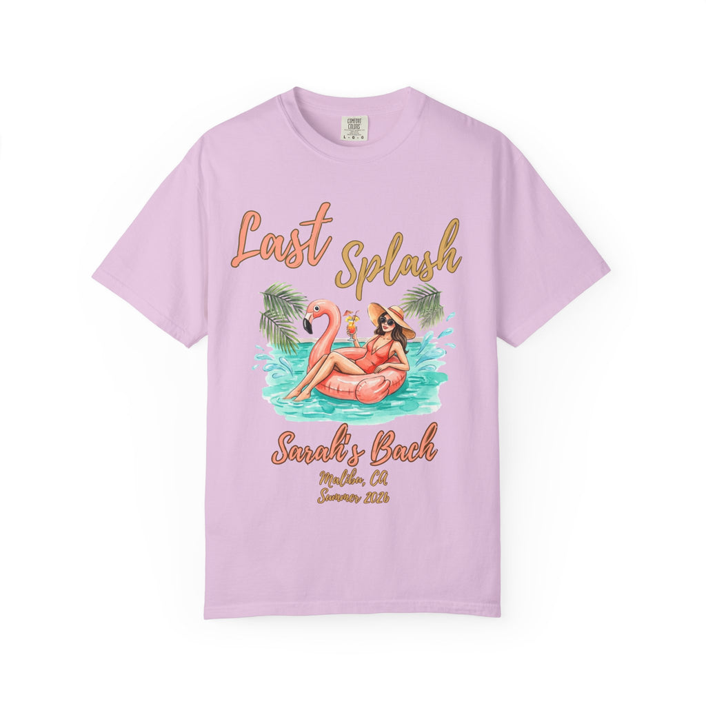 Pink t-shirt with "Last Splash" and flamingo float graphic.
