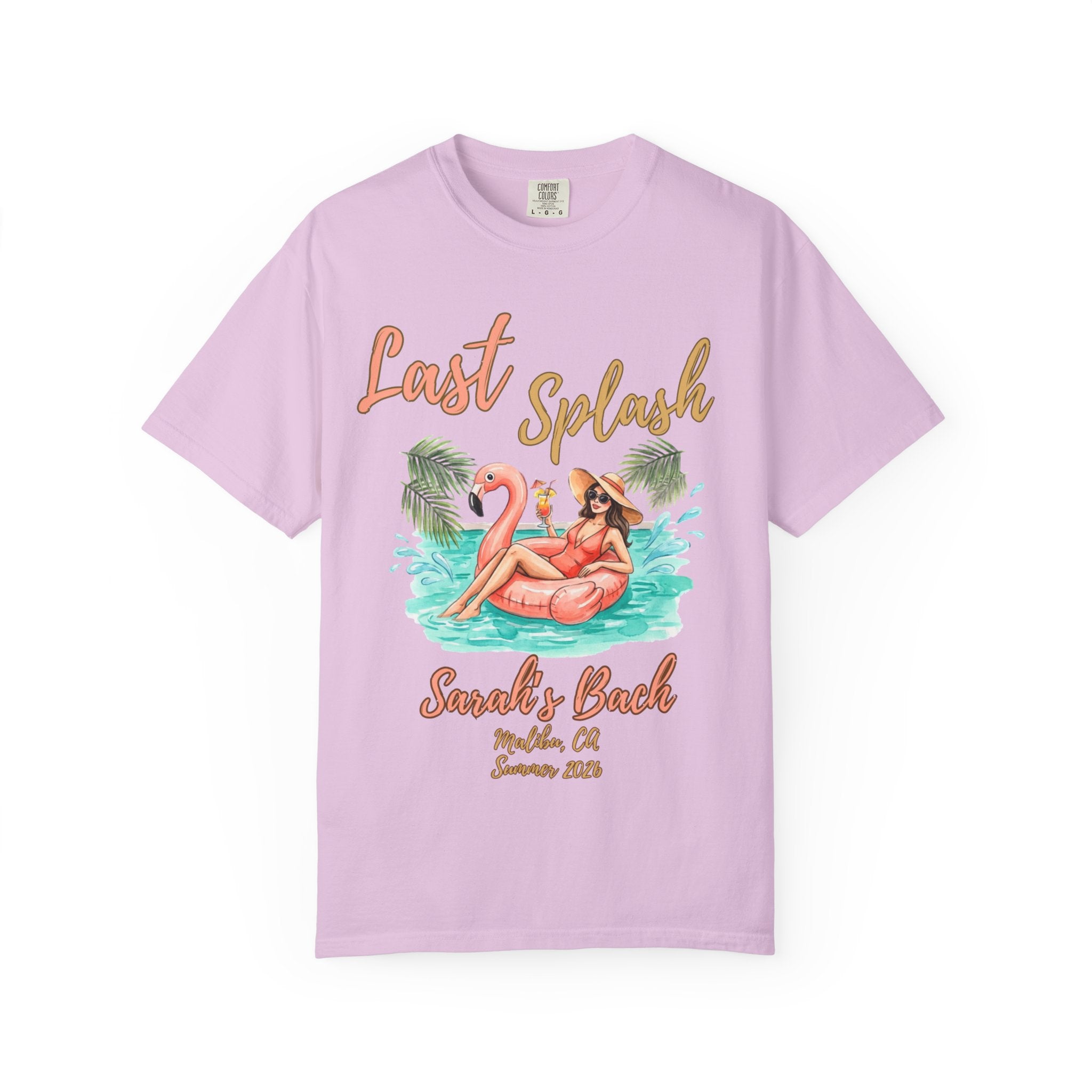 Pink t-shirt with "Last Splash" and flamingo float graphic.