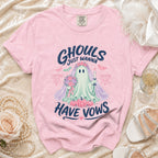 Pink t-shirt with ghost bride graphic and text "Ghouls Just Wanna Have Vows".