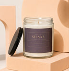 Candle with "Sienna, Front Row at My Wedding" label asking "Will you be my bridesmaid?".