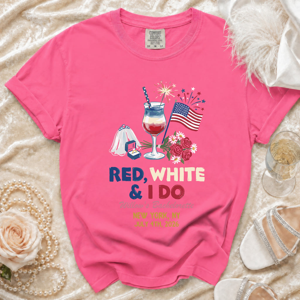 Pink t-shirt with "Red, White & I Do" and bachelorette details.