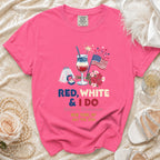 Pink t-shirt with "Red, White & I Do" and bachelorette details.
