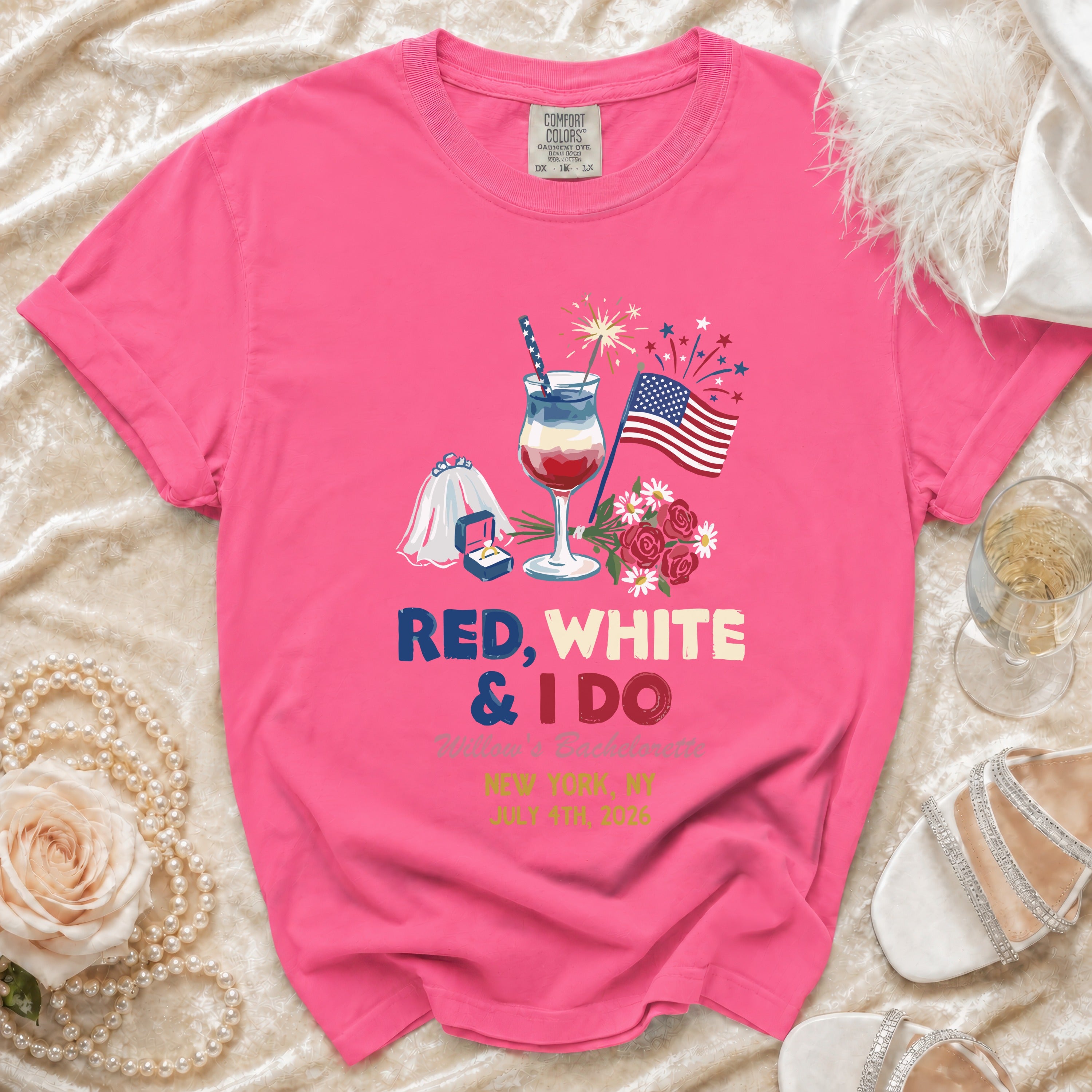 Pink t-shirt with "Red, White & I Do" and bachelorette details.