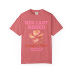 Pink t-shirt with "Her Last Rodeo" text and cowboy hat graphic.