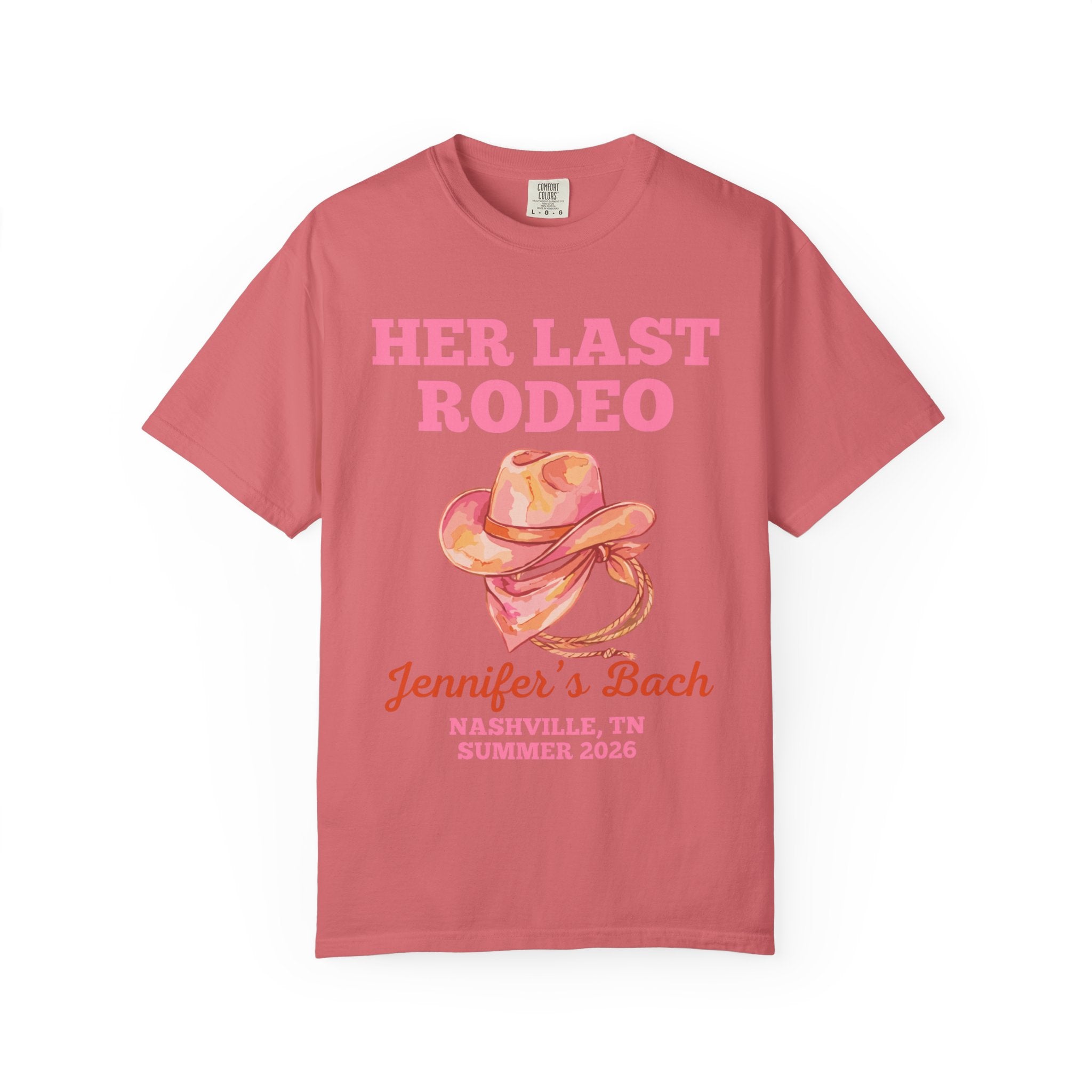 Pink t-shirt with "Her Last Rodeo" text and cowboy hat graphic.