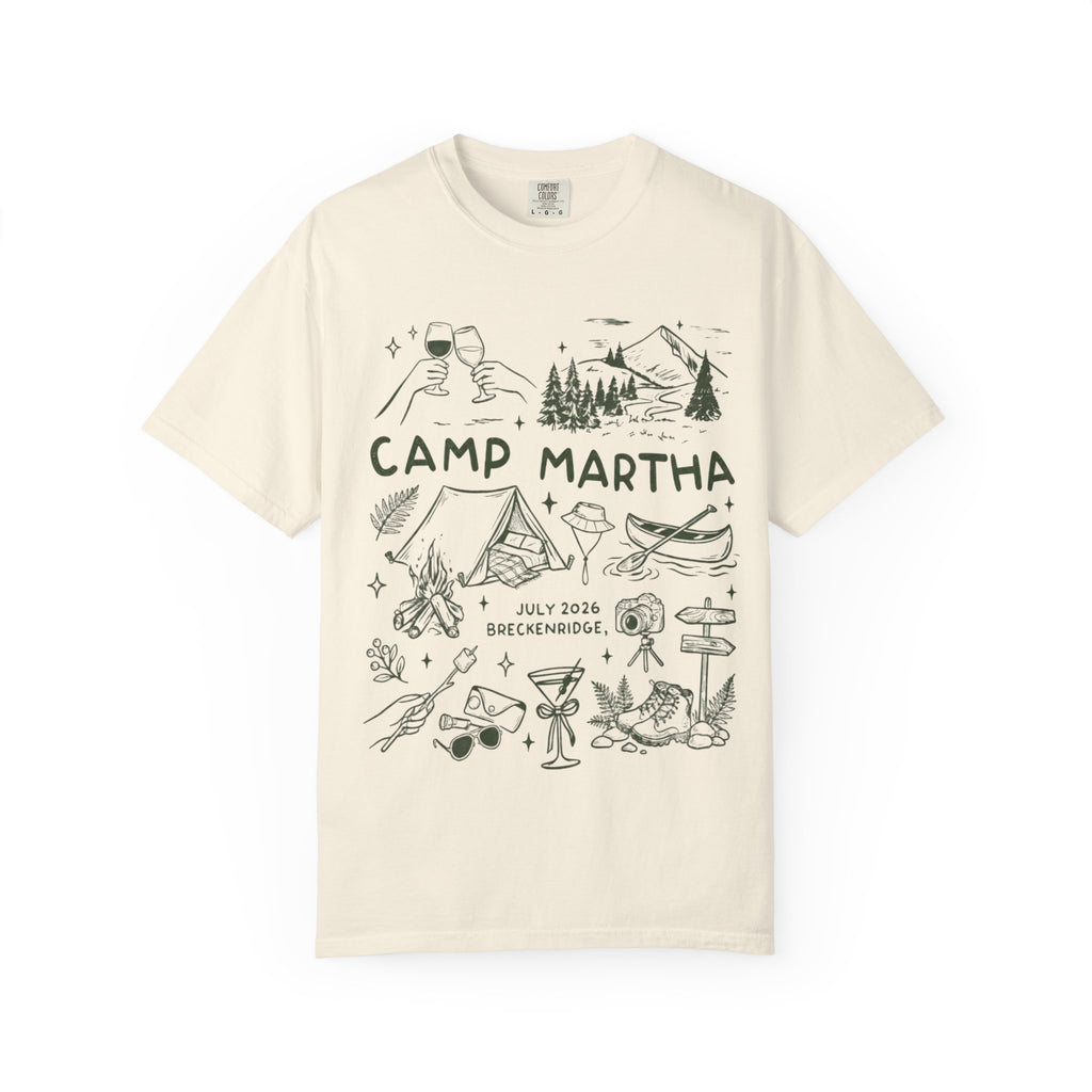 T-shirt with "Camp Martha July 2026 Breckenridge" text and camping illustrations.