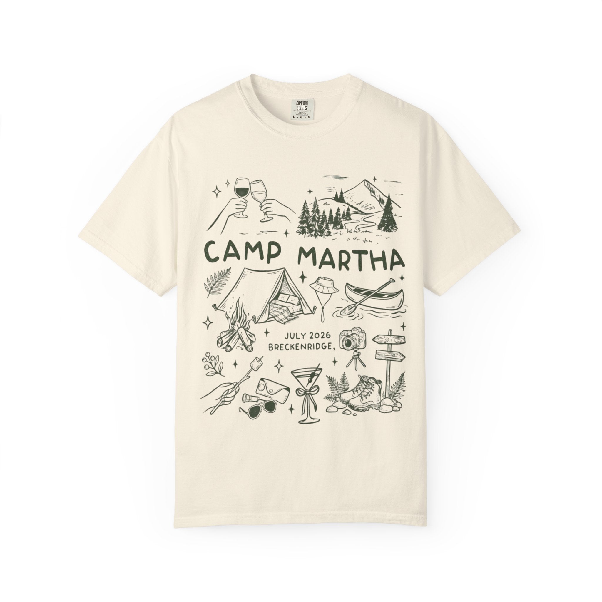 T-shirt with "Camp Martha July 2026 Breckenridge" text and camping illustrations.