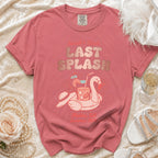 Pink t-shirt with "Sarah's Back Last Splash" text and flamingo float graphic.