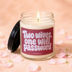 Glass candle with lit wick and label reading "Two wives, one wifi password".