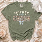 Green t-shirt with "MOTHER of the GROOM" text and leopard print.