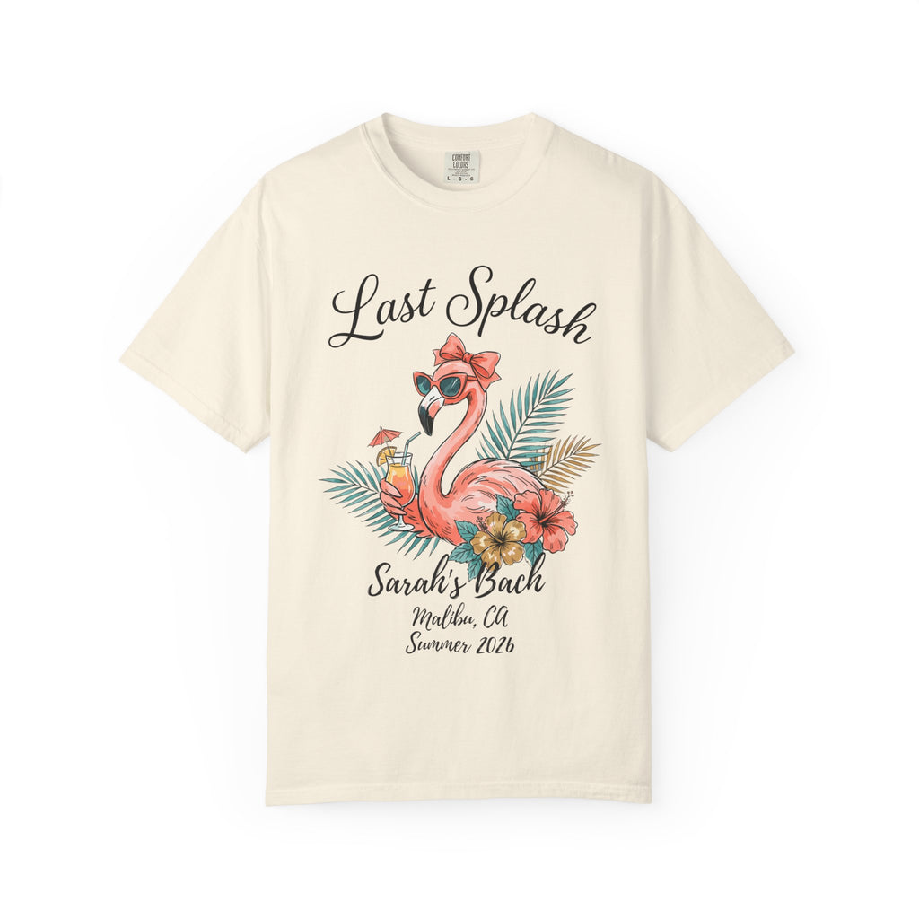 Cream t-shirt with "Last Splash Sarah's Bach Malibu, CA Summer 2026" and flamingo graphic.