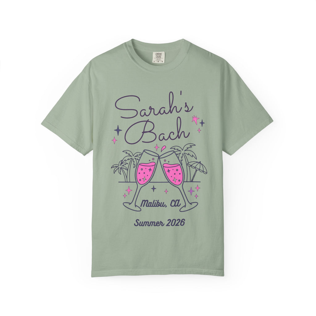 Sarah's Bach Summer 2026 text with champagne glasses and palm trees.