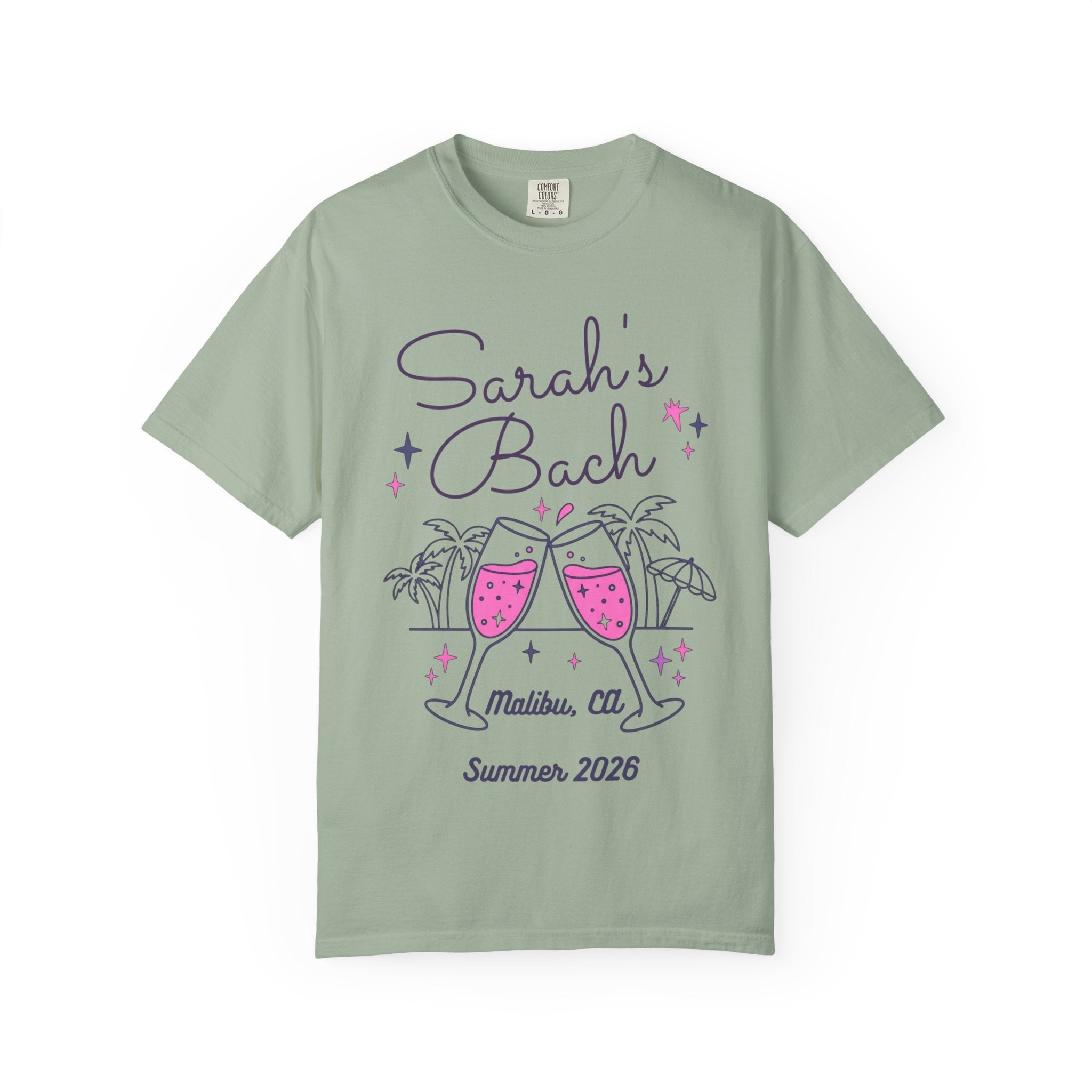 Sarah's Bach Summer 2026 text with champagne glasses and palm trees.
